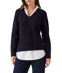 Karen Kane Petite Size Twofer Layered Collared V-Neck Long Sleeve Sweater