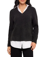 Karen Kane Petite Size Twofer Layered Collared V-Neck Long Sleeve Sweater