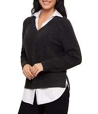 Karen Kane Petite Size Twofer Layered Collared V-Neck Long Sleeve Sweater