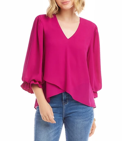 Karen Kane Petite Size V-Neck 3/4 Lantern Sleeve Asymmetric Top