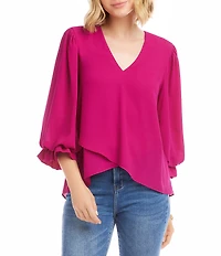 Karen Kane Petite Size V-Neck 3/4 Lantern Sleeve Asymmetric Top