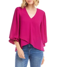 Karen Kane Petite Size V-Neck 3/4 Lantern Sleeve Asymmetric Top