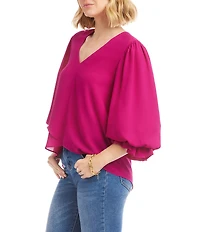 Karen Kane Petite Size V-Neck 3/4 Lantern Sleeve Asymmetric Top