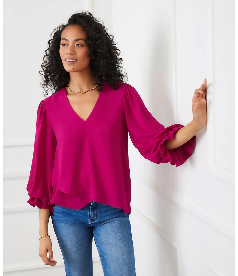 Karen Kane Petite Size V-Neck 3/4 Lantern Sleeve Asymmetric Top