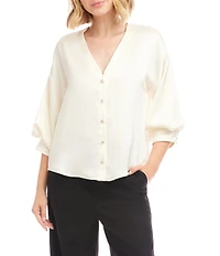 Karen Kane Petite Size V-Neck 3/4 Lantern Sleeve Button-Front Satin Top