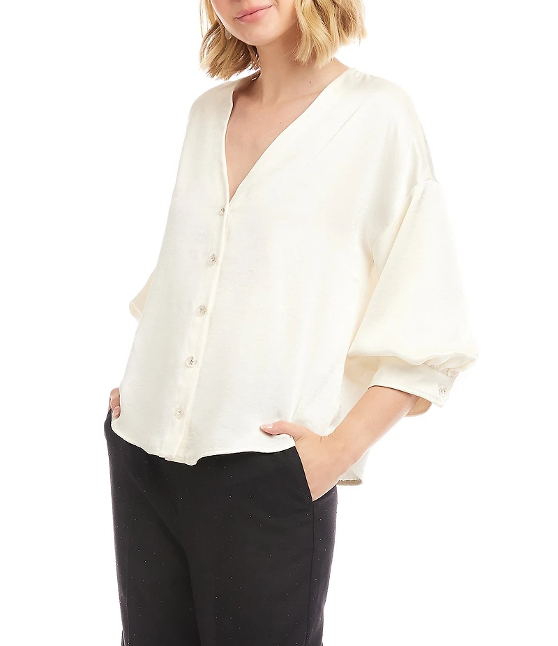 Karen Kane Petite Size V-Neck 3/4 Lantern Sleeve Button-Front Satin Top