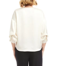 Karen Kane Petite Size V-Neck 3/4 Lantern Sleeve Button-Front Satin Top