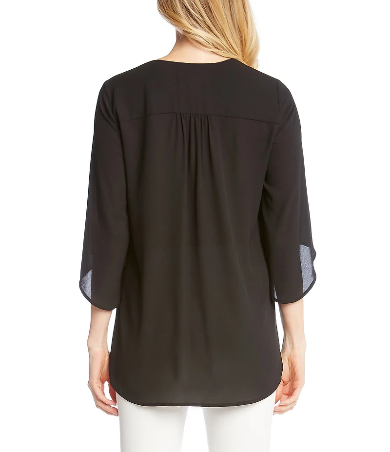 Karen Kane Petite Size V-Neck 3/4 Sleeve Crossover Hem Silky Crepe Top