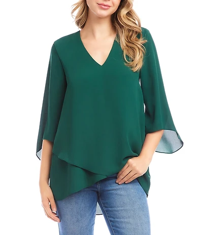 Karen Kane Petite Size V-Neck 3/4 Sleeve Crossover Hem Silky Crepe Top