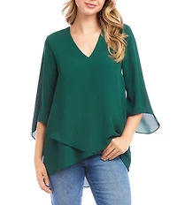 Karen Kane Petite Size V-Neck 3/4 Sleeve Crossover Hem Silky Crepe Top