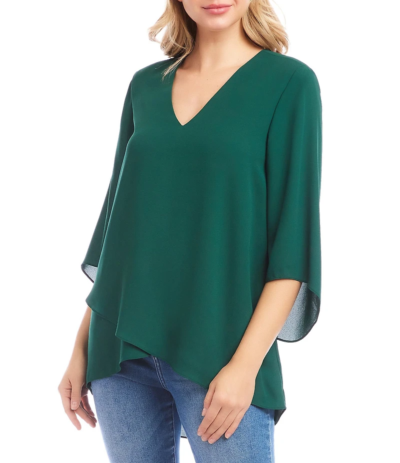 Karen Kane Petite Size V-Neck 3/4 Sleeve Crossover Hem Silky Crepe Top