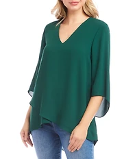 Karen Kane Petite Size V-Neck 3/4 Sleeve Crossover Hem Silky Crepe Top