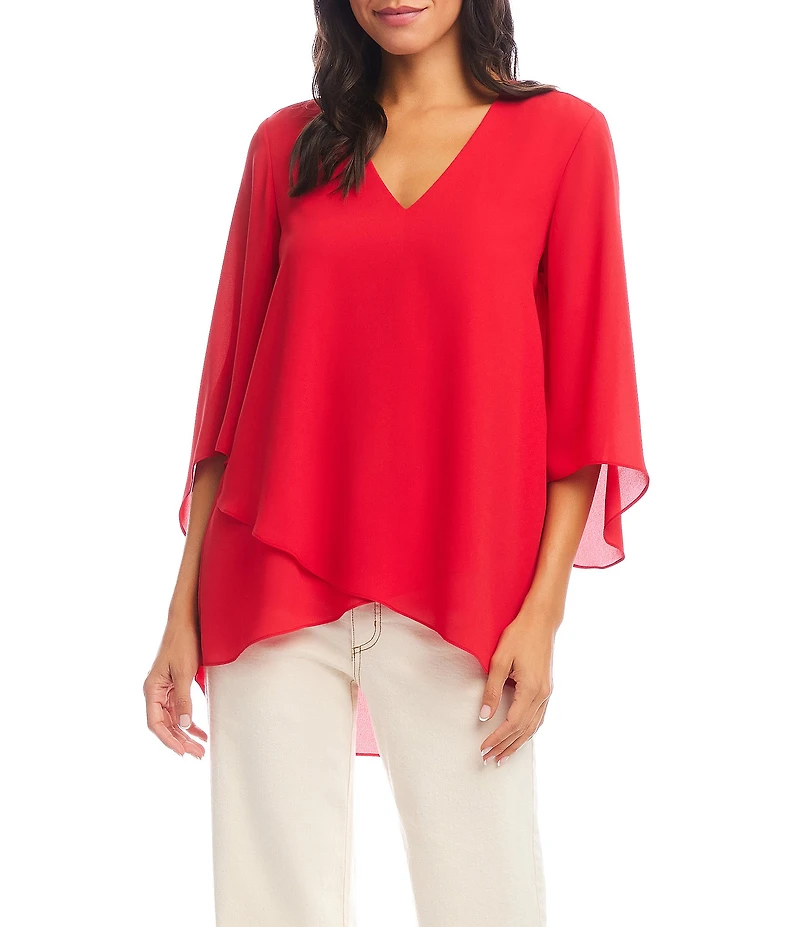 Karen Kane Petite Size V-Neck 3/4 Sleeve Crossover Hem Silky Crepe Top