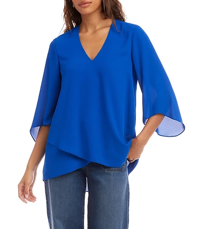 Karen Kane Petite Size V-Neck 3/4 Sleeve Crossover Hem Silky Crepe Top