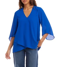 Karen Kane Petite Size V-Neck 3/4 Sleeve Crossover Hem Silky Crepe Top