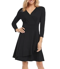 Karen Kane Petite Size V-Neck 3/4 Sleeve Faux Wrap Drape Dress