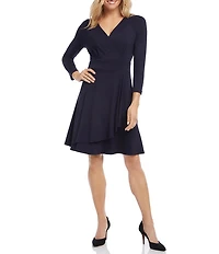 Karen Kane Petite Size V-Neck 3/4 Sleeve Faux Wrap Drape Dress