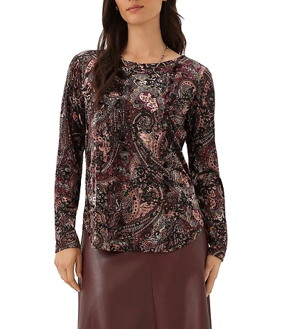 Karen Kane Petite Size Velvet Burnout Boat Neck Long Sleeve Top