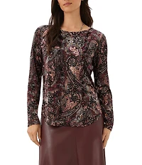 Karen Kane Petite Size Velvet Burnout Boat Neck Long Sleeve Top