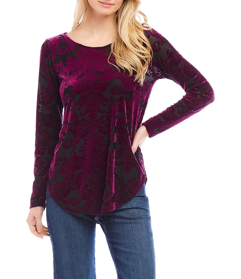 Karen Kane Petite Size Velvet Burnout Scoop Neck Long Sleeve Top