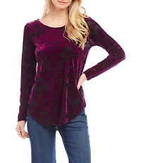 Karen Kane Petite Size Velvet Burnout Scoop Neck Long Sleeve Top