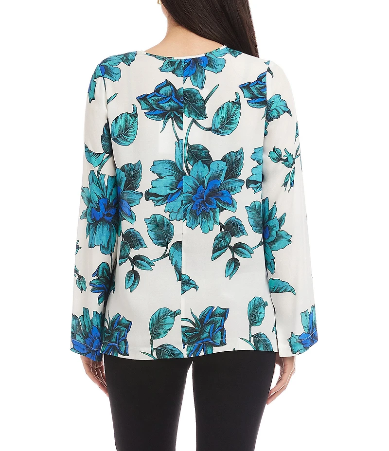 Karen Kane Petite Size Wild Floral Split V-Neck Long Sleeve Tie Tunic