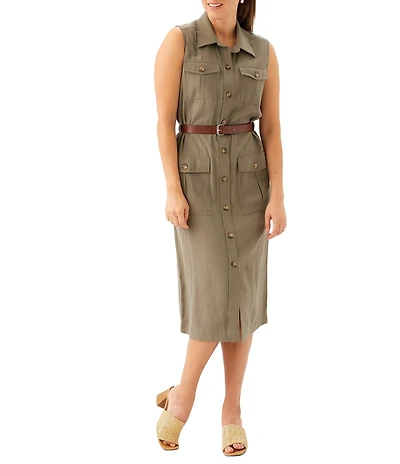 Karen Kane Petite Size Woven Twill Point Collar Sleeveless Midi Length Shirtdress