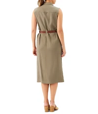 Karen Kane Petite Size Woven Twill Point Collar Sleeveless Midi Length Shirtdress