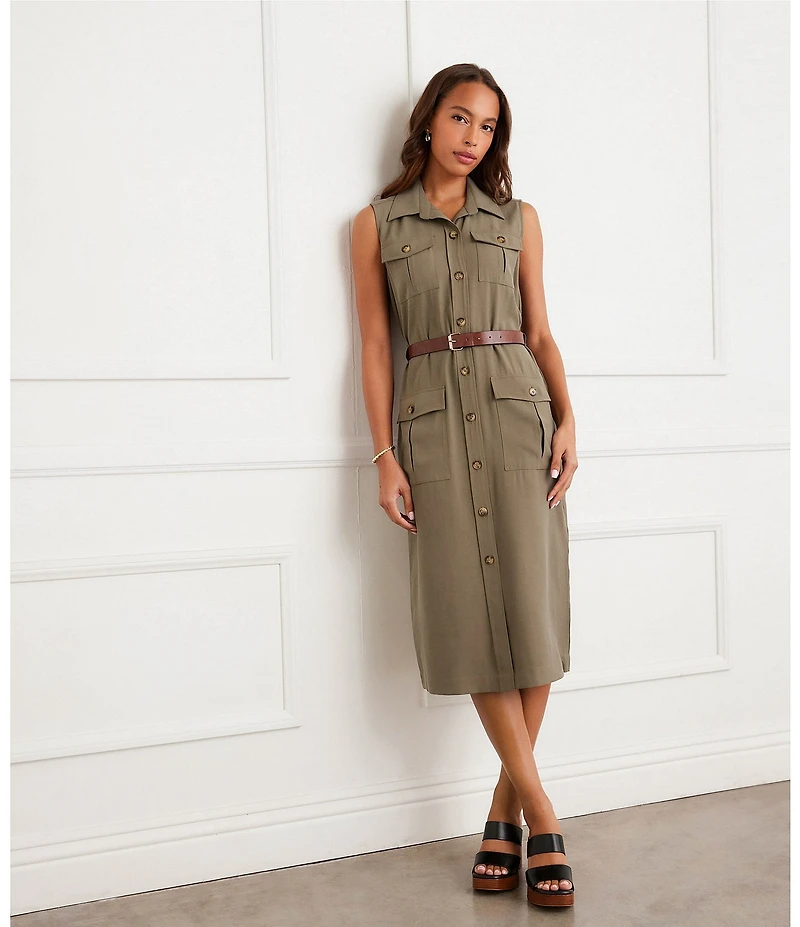 Karen Kane Petite Size Woven Twill Point Collar Sleeveless Midi Length Shirtdress