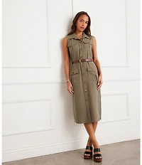 Karen Kane Petite Size Woven Twill Point Collar Sleeveless Midi Length Shirtdress