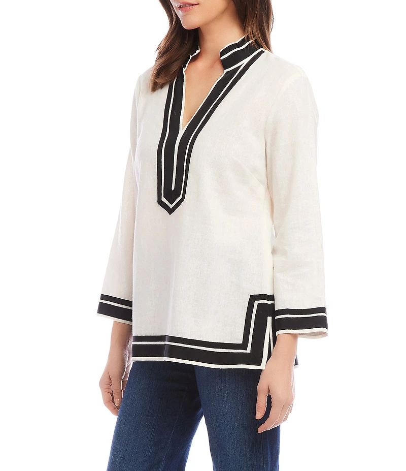 Karen Kane Petite The St. Tropez Y-Neck Bracelet Sleeve Contrast Trim Tunic