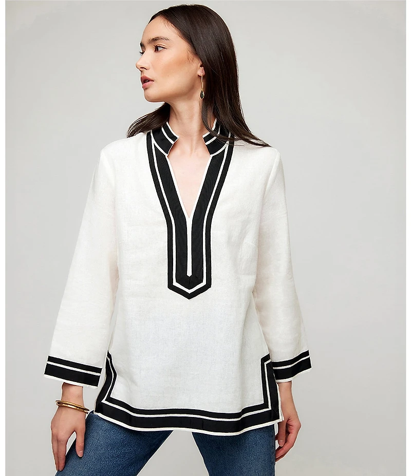 Karen Kane Petite The St. Tropez Y-Neck Bracelet Sleeve Contrast Trim Tunic