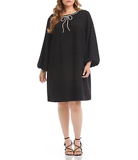 Karen Kane Plus Crepe Embellished Bow Long Latern Sleeve Shift Dress