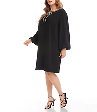 Karen Kane Plus Crepe Embellished Bow Long Latern Sleeve Shift Dress