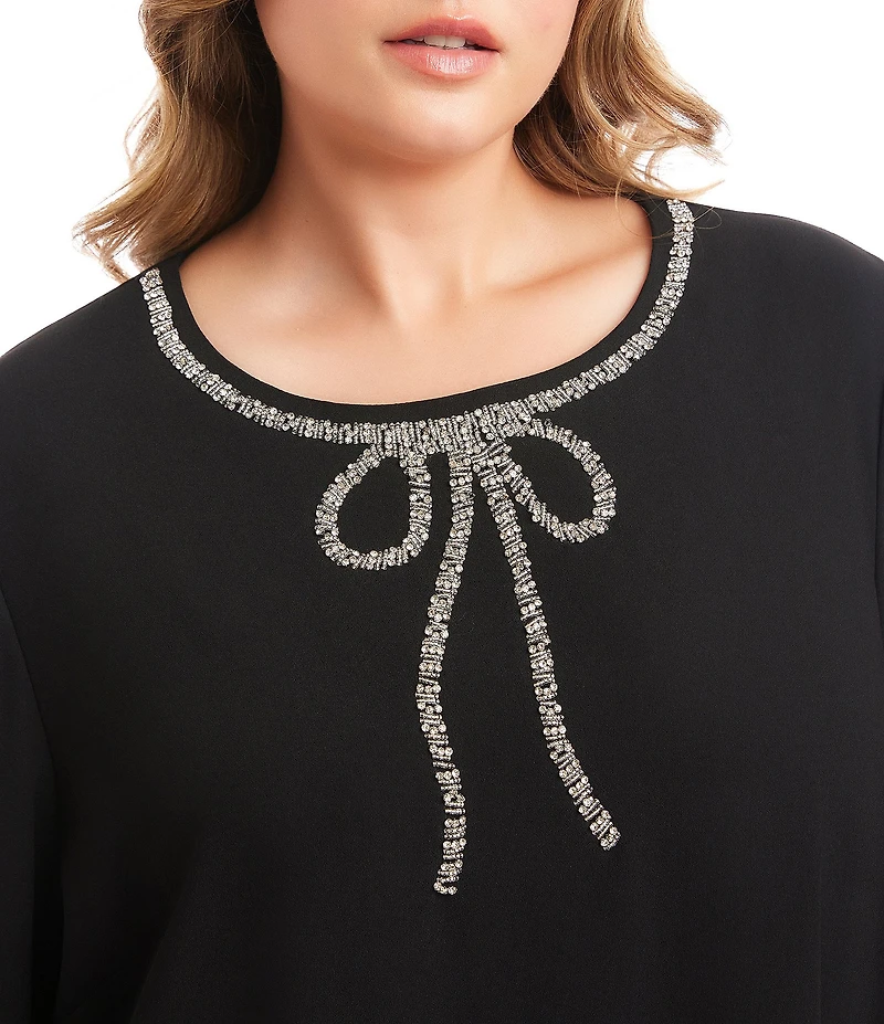 Karen Kane Plus Crepe Embellished Bow Long Latern Sleeve Shift Dress
