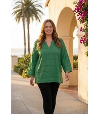 Karen Kane Plus Size All Over Embroidered Split V-Neck 3/4 Sleeve Tunic