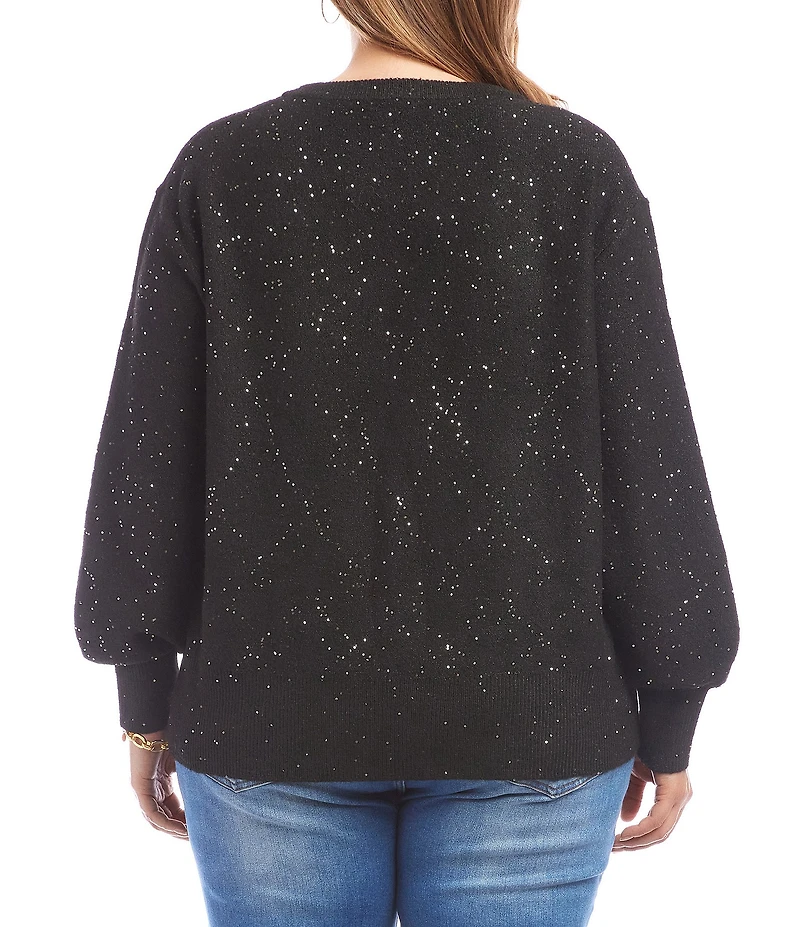 Karen Kane Plus Size Allover Sequin Knit V-Neck Long Sleeve Sweater