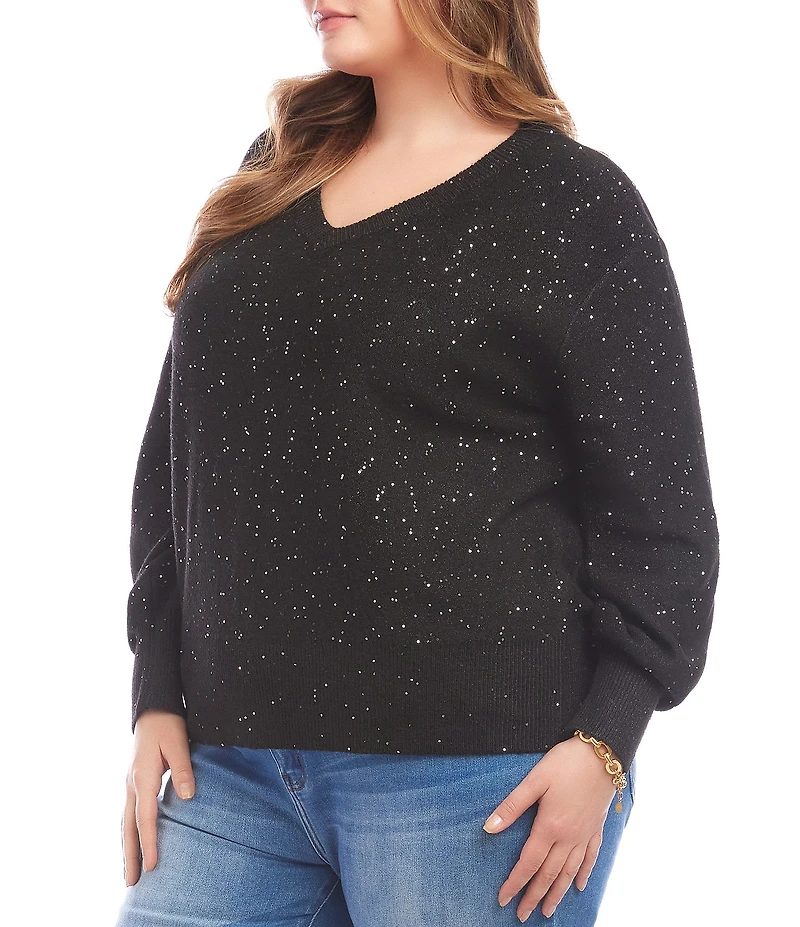 Karen Kane Plus Size Allover Sequin Knit V-Neck Long Sleeve Sweater