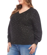 Karen Kane Plus Size Allover Sequin Knit V-Neck Long Sleeve Sweater