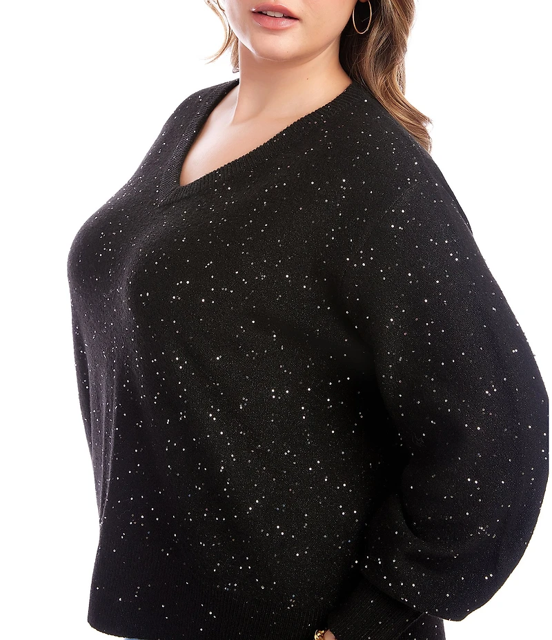Karen Kane Plus Size Allover Sequin Knit V-Neck Long Sleeve Sweater