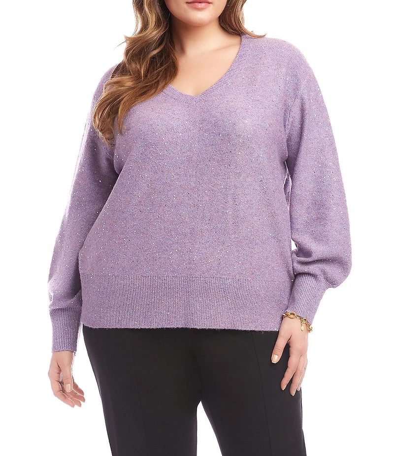 Karen Kane Plus Size Allover Sequin Knit V-Neck Long Sleeve Sweater
