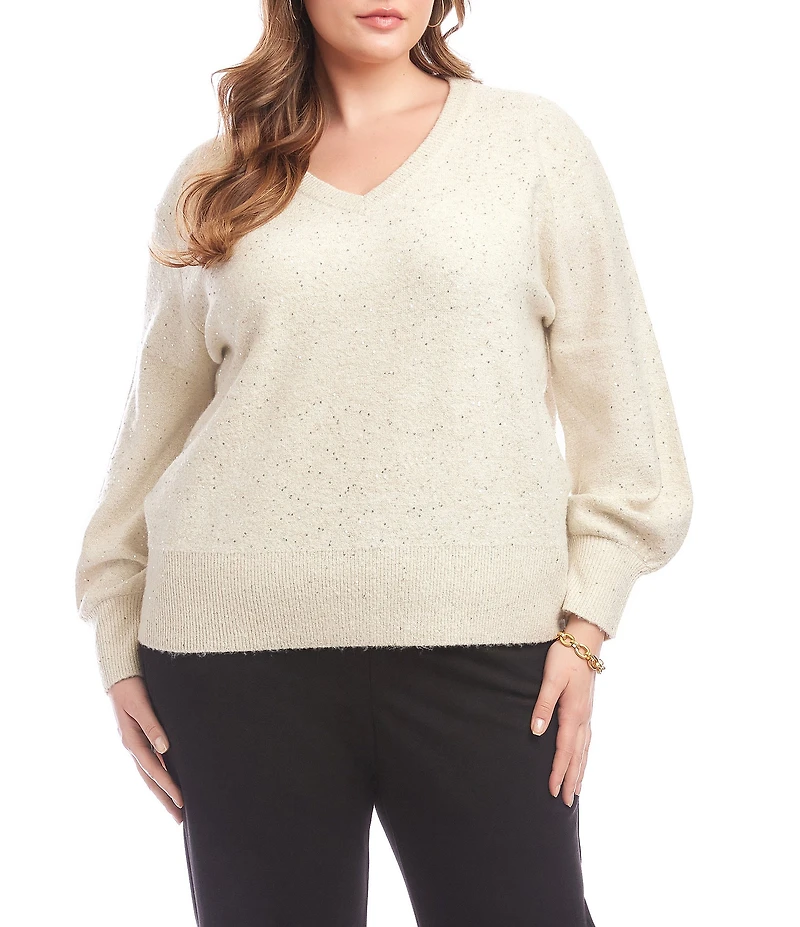 Karen Kane Plus Size Allover Sequin V-Neck Long Sleeve Knit Sweater