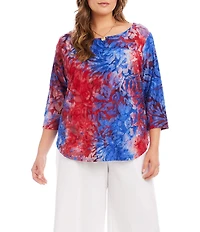 Karen Kane Plus Size Burnout Jacquard Knit Tie-Dye Crew Neck 3/4 Sleeve Shirttail Hem Top