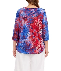 Karen Kane Plus Size Burnout Jacquard Knit Tie-Dye Crew Neck 3/4 Sleeve Shirttail Hem Top
