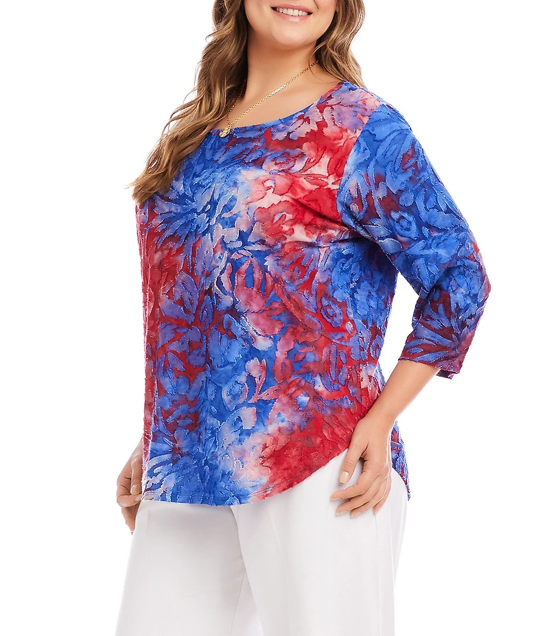 Karen Kane Plus Size Burnout Jacquard Knit Tie-Dye Crew Neck 3/4 Sleeve Shirttail Hem Top