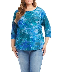 Karen Kane Plus Size Burnout Tie-Dye Crew Neck 3/4 Sleeve Top