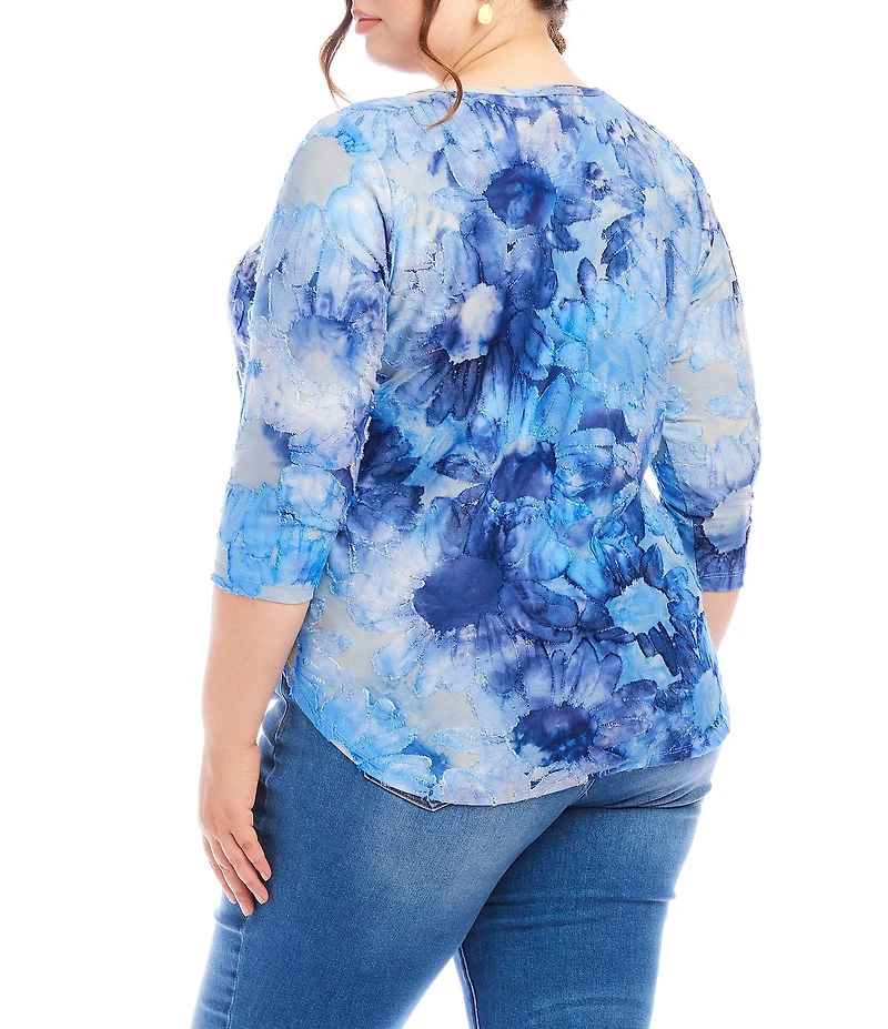Karen Kane Plus Size Burnout Tie-Dye Print Scoop Neck 3/4 Sleeve Shirttail Hem Knit Top