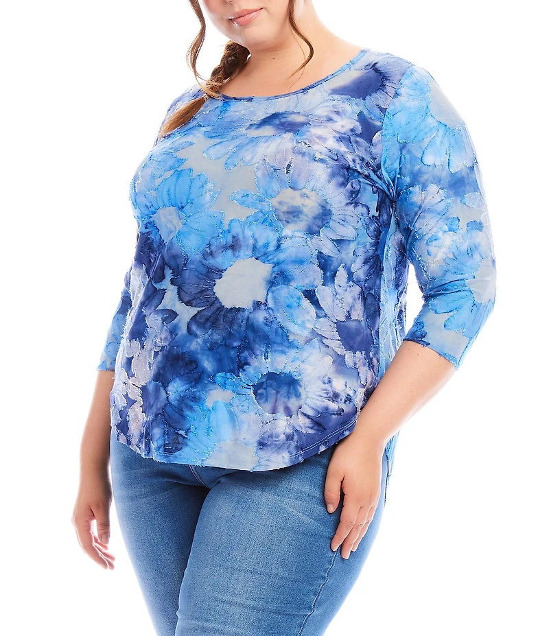 Karen Kane Plus Size Burnout Tie-Dye Print Scoop Neck 3/4 Sleeve Shirttail Hem Knit Top