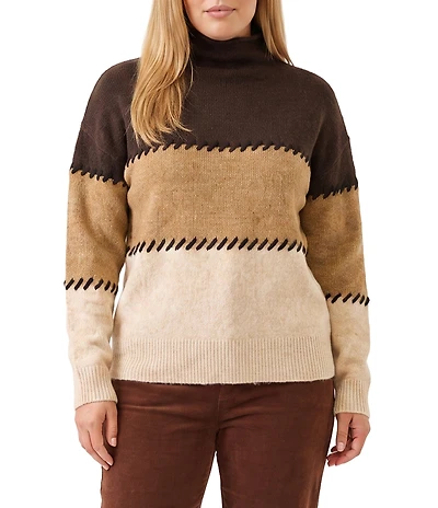 Karen Kane Plus Size Colorblock Contrast Whipstitch Mock Neck Long Sleeve Sweater