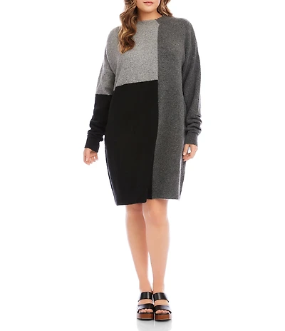 Karen Kane Plus Size Colorblock Mock Neck Dropshoulder Long Sleeve Sweater Dress